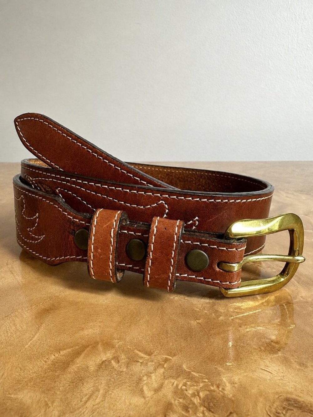 Larry Mahan Western Leather Belt Brown Tooled Inlay Solid Brass Buckle Size 28